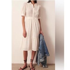Ba&sh Selya Eyelet Midi Shirt Dress Cotton Ecru Button Front Size 4